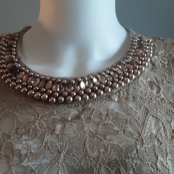 LONDON TIMES Tan Lace Overlay Midi Dress - Picture 8 of 10